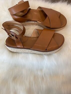 Michael Kors Cognac Leather Platform Espadrille Sandals